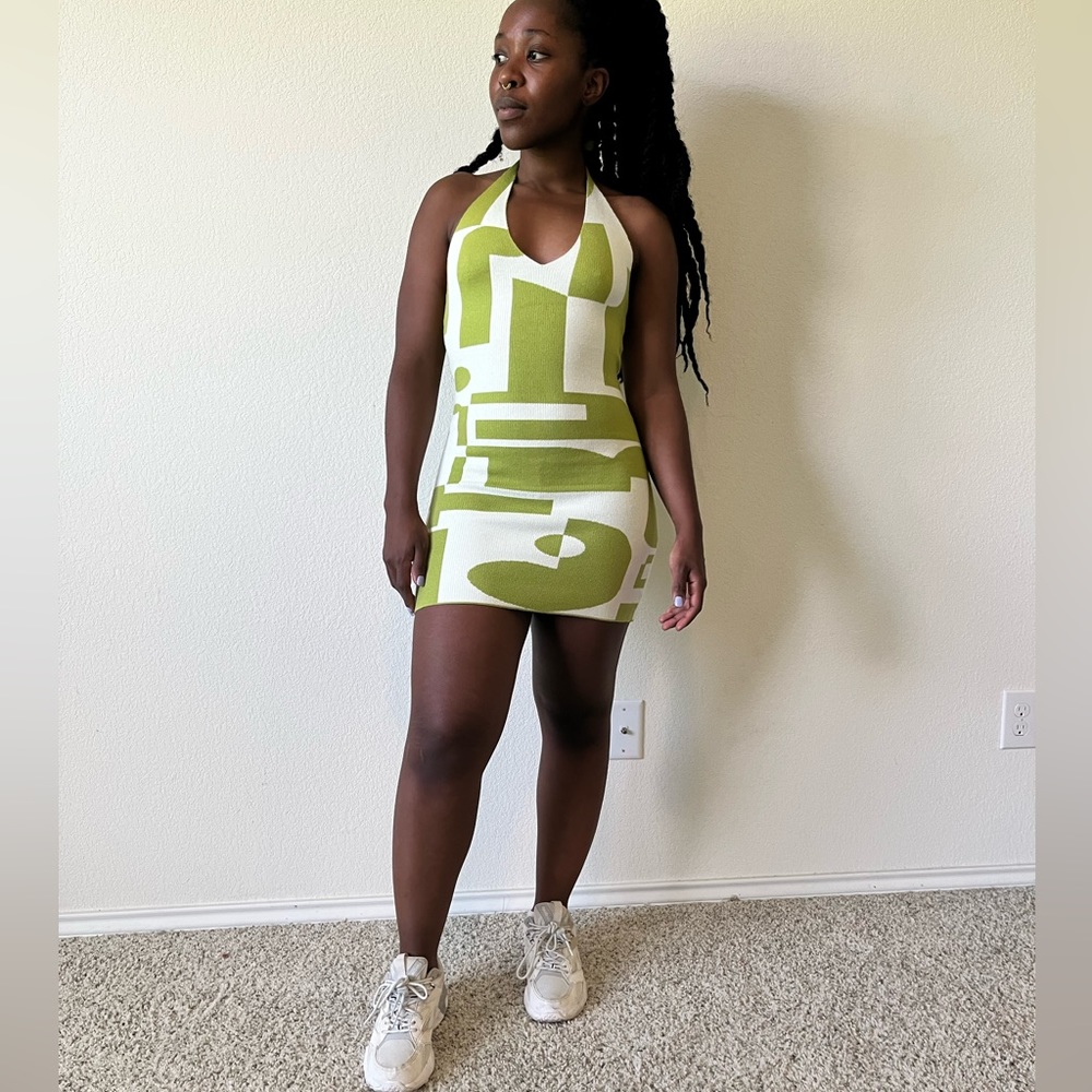 Pepper Mayo Knit halter dress mini, geometric print, size M, Brand new